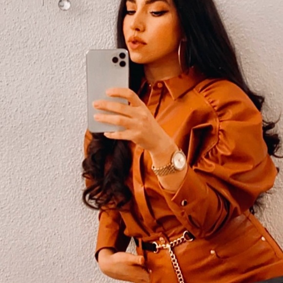 ZARA blogger tan leather puff sleeve button shirt - Picture 2 of 6